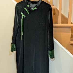 Elegant Black Velvet Dress with Green Accents